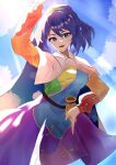  1girl absurdres blue_eyes blue_hair chirihouki cloud cloudy_sky dress hairband highres long_sleeves multicolored_clothes multicolored_dress open_mouth pointing pointing_down pointing_up rainbow_hair_ornament short_hair sky smile solo sunlight tenkyuu_chimata touhou 