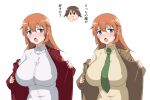  2girls blazer blue_eyes blush breasts brown_hair brown_jacket charlotte_e._yeager collared_shirt commentary_request emoji green_necktie green_shirt highres jacket large_breasts long_hair military military_uniform miyako_yoshika multiple_girls multiple_views necktie open_mouth orange_hair red_jacket shirt short_hair simple_background strike_witches thinking_emoji uniform upper_body white_background white_shirt world_witches_series yohijikon 