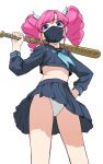  1girl aikatsu! aikatsu!_(series) amahane_madoka baseball_bat black_sailor_collar black_serafuku black_shirt black_skirt blue_eyes blue_neckerchief clothes_lift cropped_shirt delinquent drill_hair earrings hand_on_hip hand_up highres holding holding_baseball_bat jewelry long_sleeves looking_at_viewer mask medium_hair midriff miniskirt mouth_mask neckerchief osame panties pantyshot pink_hair pleated_skirt sailor_collar school_uniform serafuku shirt simple_background skirt skirt_lift solo stud_earrings twin_drills underwear white_background white_panties 