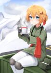  1girl absurdres blonde_hair blue_eyes blush coffee_mug commentary cup daebom fingerless_gloves gloves ground_vehicle hair_ornament highres jacket looking_at_viewer military military_vehicle motor_vehicle mountain mug original pantyhose personification scarf sitting snow t-34 tank war_thunder white_pantyhose 