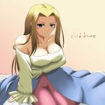  1girl bed blonde_hair breasts cleavage dress final_fantasy final_fantasy_tactics fwa_rw highres large_breasts long_hair looking_at_viewer reis_duelar simple_background smile solo twitter_username yellow_eyes 