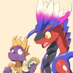  activision ancient_pokemon duo eating feral food generation_9_pokemon hi_res horn koraidon legendary_pokemon male meme nintendo paradox_pokemon pokemon pokemon_(species) purple_body purple_eyes sandwich_(food) spyro spyro_the_dragon subway_(restaurant) tohgjen 