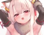  1girl animal_ear_fluff animal_ears animal_hands arata_(xin) armpits arms_behind_head arms_up bangs bare_arms bell blush cat_ears fate/grand_order fate/kaleid_liner_prisma_illya fate_(series) fur_collar gloves hair_bell hair_between_eyes hair_ornament hands_in_hair heart illyasviel_von_einzbern jingle_bell long_hair looking_at_viewer open_mouth paw_gloves red_eyes simple_background solo sweat upper_body white_background white_hair 