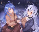  2girls absurdres ahoge azur_lane bag bangs black_hair black_jacket blue_hair borrowed_character box breasts bright_pupils brown_skirt brown_sweater closed_mouth cobblestone cup disposable_cup dutch_angle english_commentary from_above gift gift_box grey_hair hair_ornament hairclip handbag helena_(azur_lane) highres holding holding_cup jacket kyl490 large_breasts long_hair looking_at_viewer multicolored_hair multiple_girls night open_mouth original outdoors purple_eyes red_eyes shopping_bag sidelocks skirt snow snowflakes snowing streaked_hair sweater swept_bangs very_long_hair 