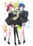  3girls alternate_costume animal_ears backpack bag bike_shorts blazer blue_eyes blue_hair bow bowtie breasts cat_ears cat_tail cellphone duel_monster energy_tail fox fox_tail fu-ri_the_orb_mikanko full_body hare_the_sword_mikanko highres holding holding_phone jacket long_hair loose_socks medium_breasts mouse_ears multicolored_hair multiple_girls multiple_tails nini_the_mirror_mikanko open_mouth phone purple_hair red_eyes sakuragi_raia school_uniform shoes short_hair_with_long_locks shorts shorts_under_skirt simple_background skirt smartphone socks sweater tail thighhighs twintails two-tone_hair two_tails white_background yu-gi-oh! 