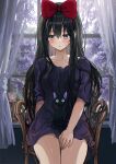  1girl aged_up animal_on_lap bangs black_dress blue_eyes blush bow candlestand cat chair collarbone commentary curtains dress hair_between_eyes hair_bow hairband hand_on_own_thigh highres indoors jiji_(majo_no_takkyuubin) kiki_(majo_no_takkyuubin) lace_curtains looking_away looking_down majo_no_takkyuubin on_lap red_bow red_hairband saya_(mychristian2) sitting symbol-only_commentary thighhighs tree window 