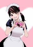  :d apron brown_eyes brown_hair frilled_apron frills hands_up heart heart_hands low_twintails maid maid_apron maid_headdress original peco_(pockleberry) pink_background puffy_short_sleeves puffy_sleeves ribbon short_sleeves smile solo twintails 
