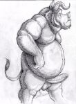  anthro balls belly big_belly bodily_fluids bovid bovine cattle erection foreskin genital_fluids genitals hi_res horn humanoid_genitalia humanoid_penis hybrid kinkycoyote male mammal monochrome penis precum solo suid suina sus_(pig) wild_boar 