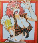  1girl ;d alcohol bangs beer beer_mug black_shirt blush breasts cleavage commentary_request covered_nipples cup highres holding holding_cup horikawa_raiko large_breasts looking_at_viewer mug navel nunnun_(shunka_shuutou) one_eye_closed open_mouth plaid plaid_shirt red_eyes red_hair shikishi shirt short_hair smile solo teeth touhou traditional_media twitter_username upper_body upper_teeth_only 