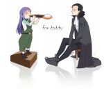  1boy 1girl ascot bangs black_footwear black_hair black_jacket black_pants blunt_bangs closed_eyes closed_mouth cr-r ergo_proxy holding holding_instrument instrument jacket long_hair long_sleeves looking_at_another medium_hair music open_clothes open_jacket pants pino_(ergo_proxy) playing_instrument purple_hair raul_creed sitting smile standing white_ascot 