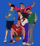  5boys adidas air_jordan akagi_takenori baggy_clothes baggy_pants bangs basketball black_hair black_jacket black_shorts blue_background blue_shorts brown_hair buzz_cut champion_(company) denim green_shirt grey_hoodie hair_between_eyes hands_in_pockets highres hood hoodie jacket jeans jewelry korean_commentary layered_sleeves long_sleeves looking_at_viewer lx7p7 mitsui_hisashi miyagi_ryouta multiple_boys necklace nike open_clothes open_jacket pants pink_jacket pompadour red_hair red_shirt rukawa_kaede sakuragi_hanamichi scar scar_on_face shirt shoes short_hair short_over_long_sleeves short_sleeves shorts slam_dunk_(series) sneakers sunglasses tommy_hilfiger twitter_username very_short_hair white_footwear 