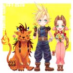  1girl 2boys 39cva aerith_gainsborough animal aqua_eyes armor asymmetrical_hair baggy_pants bangle bangs beads belt blonde_hair blue_pants blue_shirt blush boots bouquet bracelet braid braided_ponytail brown_belt brown_footwear brown_gloves brown_hair center_opening chibi closed_eyes cloud_strife cropped_jacket dated dress facial_mark feather_hair_ornament feathers final_fantasy final_fantasy_vii flame-tipped_tail flower flower_in_mouth full_body gloves green_eyes hair_beads hair_between_eyes hair_ornament hair_ribbon hand_on_hip holding holding_bouquet holding_flower jacket jewelry leg_tattoo lily_(flower) long_dress long_hair looking_at_viewer looking_to_the_side multiple_boys open_mouth orange_fur pants parted_bangs pink_dress pink_ribbon puffy_short_sleeves puffy_sleeves red_hair red_jacket red_xiii ribbon scar scar_across_eye shirt short_hair short_sleeves shoulder_armor sidelocks sitting sleeveless sleeveless_turtleneck smile spiked_hair standing suspenders tattoo teeth turtleneck upper_teeth_only yellow_background yellow_flower 
