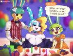  2023 animal_crossing anthro birthday_cake blurred_background breasts cake cleavage clothed clothing dessert dialogue digital_media_(artwork) english_text eyebrows eyelashes female fingers food francine_(animal_crossing) gammainks gift group hair half-closed_eyes hand_on_shoulder hi_res lagomorph leporid mammal narrowed_eyes nintendo open_mouth rabbit text toby_(animal_crossing) 