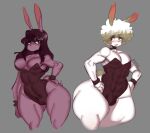  anthro big_butt bracelet breasts butt clothing dark_horn duo eldiipiid female fur girly hair harry_gray_(eldiipiid) hi_res horn ivy_(eldiipiid) jewelry lagomorph leotard leporid male male/female mammal muscular necklace purple_body purple_fur rabbit red_eyes small_breasts thick_thighs white_body white_fur white_hair yellow_eyes 