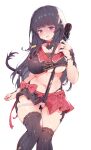  1girl absurdres au_ra avatar_(ff14) bangs bar_censor black_hair black_horns black_shirt black_skirt black_tail black_thighhighs blunt_bangs blush bow breasts censored chinese_commentary choker commentary crop_top dragon_girl dragon_horns dragon_tail fang feet_out_of_frame final_fantasy final_fantasy_xiv gold_trim hand_up highres holding holding_microphone_stand horns jewelry large_breasts looking_at_viewer microphone_stand midriff miniskirt multicolored_clothes multicolored_skirt navel open_mouth original panties panty_pull pink_eyes pleated_skirt red_bow red_choker red_skirt ring scales shirt short_sleeves simple_background skin_fang skirt solo star_(symbol) star_choker sweat tail thighhighs underboob underwear white_background zhazhapao 