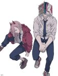  1boy 1girl black_necktie black_pants blonde_hair book chainsaw_man collared_shirt covered_eyes denji_(chainsaw_man) highres hood hoodie horns long_hair looking_to_the_side necktie own_hands_together pants pink_hair power_(chainsaw_man) red_hoodie red_horns shirt shirt_partially_tucked_in shirt_tucked_in short_hair simple_background ufkqz white_background white_shirt 