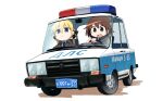  2girls :/ bangs black_necktie blonde_hair blue_shirt blush brown_coat brown_eyes brown_hair car closed_mouth coat collared_shirt commentary_request driving fuka_(kantoku) ground_vehicle hair_between_eyes hair_ribbon kill_me_baby long_hair motor_vehicle multiple_girls necktie open_mouth oribe_yasuna police police_car police_uniform policewoman purple_eyes ribbon russian_text shirt short_hair simple_background sonya_(kill_me_baby) steering_wheel twintails uniform upper_body white_background 