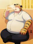  2023 alcohol anthro beer belly beverage big_belly bottomwear clothing drinking eyes_closed felid hi_res humanoid_hands kemono kick_(artist) male mammal overweight overweight_male pantherine pants shirt solo tiger topwear 