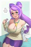  1girl absurdres bangs blush breasts coat earrings eyelashes green_eyes highres jewelry large_breasts long_hair long_sleeves looking_at_viewer makeup miriam_(pokemon) multicolored_hair nurse open_clothes open_coat open_mouth pokemon pokemon_(game) pokemon_sv purple_hair riz smile solo sweater two-tone_hair white_coat 