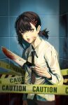  1girl artist_name bangs black_hair black_necktie black_pants blood blood_on_face blood_on_knife blood_on_wall brown_eyes caution_tape chainsaw_man collared_shirt hair_ornament hairclip halftone higashiyama_kobeni highres holding holding_knife knife looking_at_viewer mole mole_under_eye mole_under_mouth multiple_moles necktie pants phoneafrog shirt shirt_tucked_in short_hair short_ponytail single_sidelock solo swept_bangs white_shirt 