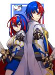  1boy 1girl alear_(female)_(fire_emblem) alear_(fire_emblem) alear_(male)_(fire_emblem) back-to-back bangs blue_eyes blue_gloves blue_skirt breasts cape closed_mouth crossed_bangs dual_persona fire_emblem fire_emblem_engage gloves hair_between_eyes hair_intakes heterochromia highres holding holding_sword holding_weapon large_breasts left-handed liberation_(fire_emblem) long_hair long_sleeves miniskirt multicolored_hair red_cape red_eyes seinikuten shirt short_hair skirt smile sommie_(fire_emblem) split-color_hair standing streaked_hair sword tiara twitter_username two-tone_cape weapon white_cape white_shirt 