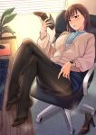  1girl ass black_pantyhose blue_eyes blue_skirt brown_hair chair feet high_heels kyuuso_inukami long_sleeves office_chair office_lady original pantyhose pink_sweater shirt shoes shoes_removed short_hair skirt solo steam sweater white_shirt 