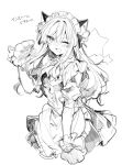  1girl ;d animal_ears animal_hands anna_(ikeuchi_tanuma) apron bangs bow cat_ears fake_animal_ears gloves greyscale hair_between_eyes hair_ribbon ikeuchi_tanuma long_hair maid maid_apron maid_headdress monochrome one_eye_closed original paw_gloves ribbon short_sleeves sidelocks sketch skirt smile solo star_(symbol) translated upper_body 