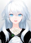  1boy ayashiro_keika blue_eyes commentary_request flower gloves hair_between_eyes highres holding holding_flower long_hair looking_at_viewer open_mouth original otoko_no_ko rose solo teeth tongue waka_(shark_waka) white_flower white_hair white_rose 