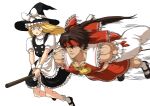  2boys apron ascot bangs black_footwear black_skirt black_vest blonde_hair blue_eyes bow broom broom_riding brown_hair closed_mouth cosplay detached_sleeves ebi_pri_shrimp flying guilty_gear hair_between_eyes hair_bow hairband hakurei_reimu hakurei_reimu_(cosplay) hat hat_bow highres kirisame_marisa kirisame_marisa_(cosplay) ky_kiske long_hair looking_at_another motion_lines multiple_boys muscular muscular_male parted_lips red_bow red_hairband red_shirt red_skirt shirt short_sleeves simple_background skirt socks sol_badguy touhou vest waist_apron white_apron white_background white_bow white_socks wide_sleeves yellow_ascot 