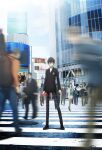  absurdres amamiya_ren black-framed_eyewear black_footwear black_hair blurry buttons cellphone closed_mouth crosswalk crowd glasses highres ishikawa_tomomi motion_blur official_art pants persona persona_5 persona_5_the_animation phone plaid plaid_pants road school_uniform short_hair shuujin_academy_school_uniform smartphone standing street turtleneck 