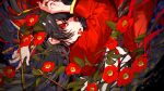  1girl album_cover bangs black_hair cover falling floating_hair flower from_side hair_ornament hair_ornament_removed hair_stick hands_up highres japanese_clothes kimono long_hair long_sleeves looking_at_viewer looking_to_the_side obi original parted_lips red_eyes red_flower red_kimono red_lips red_nails sash solo spider_lily unrefle upper_body 