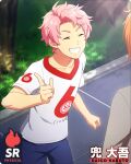  1boy ahoge character_name clenched_hand closed_eyes grass idolmaster idolmaster_side-m idolmaster_side-m_growing_stars kabuto_daigo male_focus official_art out_of_frame pink_hair shirt short_sleeves smile teeth third-party_source tsukumo_kazuki v-shaped_eyebrows white_shirt 
