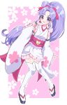  1girl bangs bow-shaped_hair cure_fortune cure_fortune_(anmitsu_komachi) detached_sleeves earrings full_body happinesscharge_precure! high_ponytail highres hikawa_iona japanese_clothes jewelry kimono long_hair obi parted_bangs pink_sash precure purple_eyes purple_hair rii_(rii0_02) sash short_kimono solo thighhighs very_long_hair white_kimono white_thighhighs wide_ponytail 