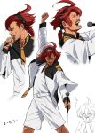  1boy 4shi character_request cosplay facial_hair freddie_mercury fusion gundam gundam_suisei_no_majo highres holding holding_microphone male_focus microphone microphone_stand miorine_rembran multiple_views music mustache name_connection queen_(band) red_hair shorts singing suletta_mercury suletta_mercury_(cosplay) white_shorts 