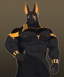  2023 5_fingers abs ankh anthro anubian_jackal biceps big_bulge big_muscles big_pecs biped black_body black_bottomwear black_claws black_clothing black_ears black_fur black_nipples black_nose black_pants black_pupils black_topwear bottomwear bracelet brown_background bulge canid canine canis claws clothed clothing colored croiyan crop_top digital_media_(artwork) ear_piercing ear_ring egyptian eye_markings finger_claws fingers front_view fur genital_outline gold_(metal) gold_jewelry hand_on_hip hi_res humanoid_hands jackal jewelry kemono looking_at_viewer male mammal markings midriff monotone_body monotone_ears monotone_fur multicolored_clothing multicolored_shirt multicolored_topwear muscular muscular_anthro muscular_male navel nipples pants partially_clothed pecs penis_outline piercing pinup portrait pose pupils purple_eyes ring_piercing shaded shirt simple_background slit_pupils snout solo standing three-quarter_portrait topwear two_tone_clothing two_tone_shirt two_tone_topwear yellow_clothing yellow_inner_ear yellow_markings yellow_topwear 