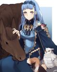  1girl animal animal_on_shoulder bangs bird bird_on_shoulder blue_cape blue_dress blue_hair blue_hairband blunt_bangs breasts cape closed_mouth dog dress feathers fingernails fire_emblem fire_emblem:_three_houses fire_emblem_warriors:_three_hopes grey_eyes hairband hand_up highres horse light_blue_hair long_sleeves marianne_von_edmund medium_breasts official_alternate_hairstyle owl petting purple_cape seinikuten short_bangs sitting smile solo two-tone_cape 