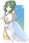 1girl armor brown_gloves cape closed_mouth cropped_legs elincia_ridell_crimea feathers fire_emblem fire_emblem:_radiant_dawn gloves green_hair hair_bun hand_up high_collar highres long_hair long_sleeves looking_at_viewer pantyhose see-through see-through_cape seinikuten shoulder_armor single_hair_bun solo tiara white_armor white_feathers yellow_eyes yellow_pantyhose 