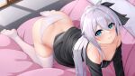  1girl all_fours bangs bed black_shirt blue_eyes breasts cleavage closed_mouth hair_ornament highres honkai_(series) honkai_impact_3rd indoors leaning_forward long_hair long_sleeves looking_at_viewer lrh0123 no_shoes off_shoulder panties shirt small_breasts soles solo theresa_apocalypse thighhighs underwear white_hair white_panties white_thighhighs 