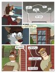  anthro building canid canine canis capreoline clothed clothing computer deer dialogue eyewear facial_hair forest glasses hi_res male mammal moose mustelid nardodraws otter plant thought_bubble tree wolf 