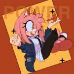  1girl 3mia_hadi3 :d amy_rose animal_nose black_necktie black_shorts blush chainsaw_man character_name cosplay cross-shaped_pupils full_body furry furry_female holding horns jacket necktie open_mouth orange_eyes power_(chainsaw_man) power_(chainsaw_man)_(cosplay) red_horns sharp_teeth shirt shorts smile solo sonic_(series) symbol-shaped_pupils teeth white_shirt 