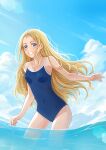  1girl absurdres blonde_hair blue_eyes blue_one-piece_swimsuit blue_sky breasts cloud competition_school_swimsuit cowboy_shot day grin highres kofune_ushio long_hair one-piece_swimsuit outdoors school_swimsuit sky small_breasts smile solo summertime_render swimsuit very_long_hair wading water wen_hao_lai 
