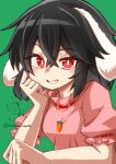  1girl absurdres animal_ears black_hair breasts carrot_necklace dress frilled_sleeves frills green_background hair_between_eyes hand_on_own_cheek hand_on_own_face highres inaba_tewi jewelry looking_at_viewer medium_hair mizuhara_(pix_ivi_xiq) necklace open_mouth pink_dress puffy_short_sleeves puffy_sleeves rabbit_ears rabbit_girl red_eyes red_ribbon ribbon ribbon-trimmed_sleeves ribbon_trim short_sleeves simple_background small_breasts solo teeth touhou twitter_username upper_body 