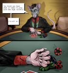  absurd_res anthro black_clothing black_jacket black_topwear blue_eyes casino chair clothing comic fur furniture gambling grey_body grey_fur hi_res jacket kolkolukija male mammal murid murine rat rodent solo suit table topwear 