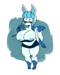  2022 3_toes 5_fingers anthro areola areola_slip barefoot belly big_breasts black_sclera blue_areola blue_bottomwear blue_clothing blue_crop_top blue_eyebrows blue_eyes blue_hair blue_inner_ear blue_markings blue_mouth blue_skirt blue_topwear blush bodily_fluids bottomwear breast_expansion breasts chubby_anthro chubby_female cleavage cleavage_overflow clothed clothing crop_top digital_media_(artwork) dipstick_tail eeveelution english_text expansion eyebrows eyelashes feet female fingers fros_(sinfullapis) fur generation_4_pokemon glaceon glistening glistening_eyes gloves_(marking) hair half-closed_eyes hi_res huge_breasts leg_markings looking_at_own_breasts looking_at_self mammal markings multicolored_hair narrowed_eyes navel nintendo onomatopoeia open_mouth pokemon pokemon_(species) shirt signature simple_background sinfullapis skirt slightly_chubby slosh sloshing_breasts socks_(marking) solo sound_effects standing sweat sweatdrop tail tail_markings text thick_thighs toes topwear tuft two_tone_hair two_tone_tail wardrobe_malfunction white_background white_body white_fur 