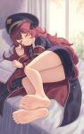  1girl armband bare_legs barefoot black_ribbon blue_archive book botan_m closed_eyes feet hat highres iroha_(blue_archive) long_hair lying military_hat on_side open_book red_hair ribbon sleeping soles solo toes 