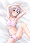  armpits black_eyes black_hair blue_eyes breasts commentary commission cyde highres idolmaster idolmaster_cinderella_girls leg_up looking_at_viewer lying navel on_bed open_mouth otokura_yuuki panties short_hair skeb_commission small_breasts solo sports_bra underwear 