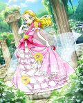  1girl braid dress french_braid full_body futari_wa_precure futari_wa_precure_max_heart gloves green_eyes highres holding holding_clothes holding_dress kujou_hikari layered_dress long_dress long_hair official_art pink_dress precure precure_connection_puzzlun see-through_cape smile solo third-party_source white_gloves 