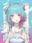  1girl aisuu_(voisona) bangs blue_eyes blue_hair blunt_bangs cherico choker gradient_hair heart heart_hands heterochromia highres looking_at_viewer multicolored_hair off-shoulder_shirt off_shoulder parted_lips pink_eyes pink_hair shirt solo voisona white_choker 