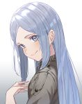  1girl 86_-eightysix- absurdres anju_emma bangs blue_eyes blue_hair blush closed_mouth dunggeul_dunggeul from_side gradient_background grey_jacket hand_up highres jacket light_blue_hair looking_at_viewer mole mole_under_eye parted_bangs simple_background smile solo turning_head upper_body white_background 