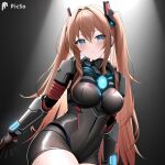  1girl ai-generated armor bangs blonde_hair blue_eyes breasts cosplay dead_space dead_space_2 dead_space_3 gloves isaac_clarke isaac_clarke_(cosplay) long_hair looking_at_viewer non-web_source power_suit science_fiction shoulder_armor simple_background smile solo spacesuit stable_diffusion 